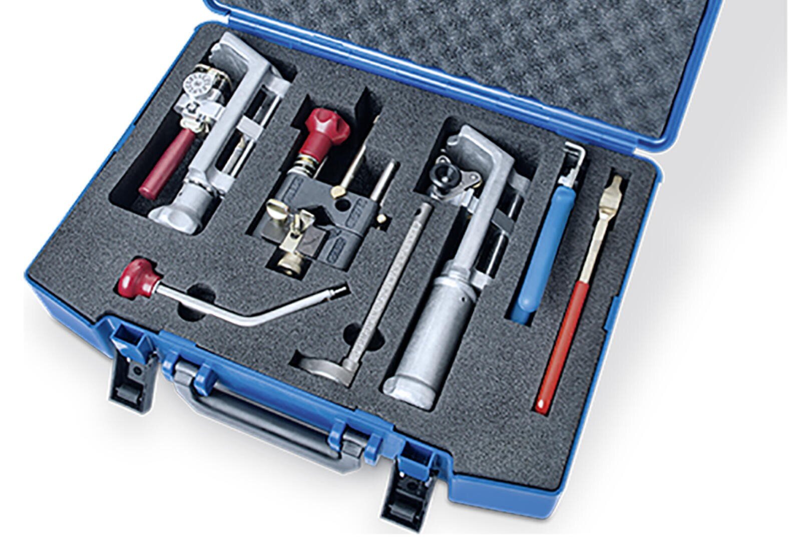 A blue plastic toolbox with foam inserts holds various metal plumbing tools, including pipe benders, a flaring tool, a red-handled wrench, and other hand tools arranged neatly in designated slots.