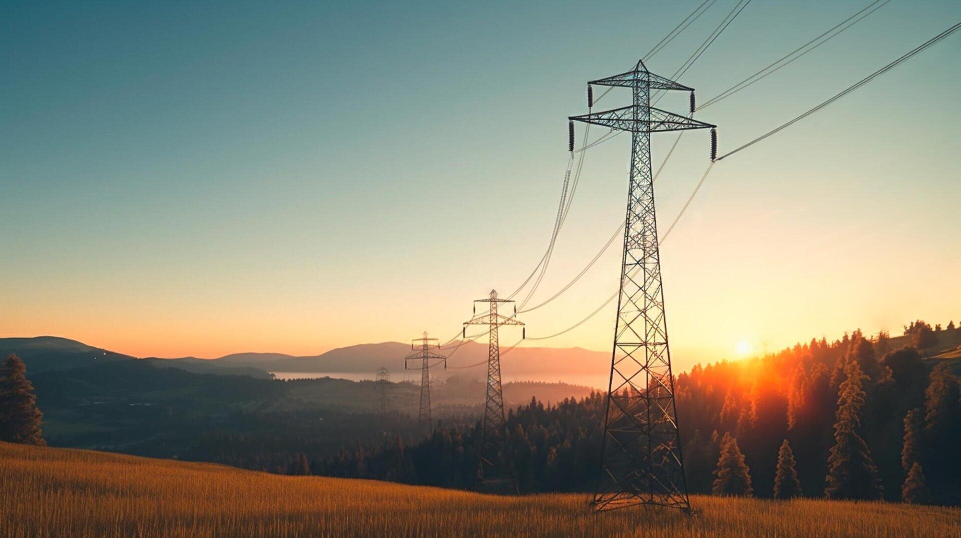 High-voltage power lines stretch across a grassy landscape with hills and trees, silhouetted against a bright sunrise or sunset sky.