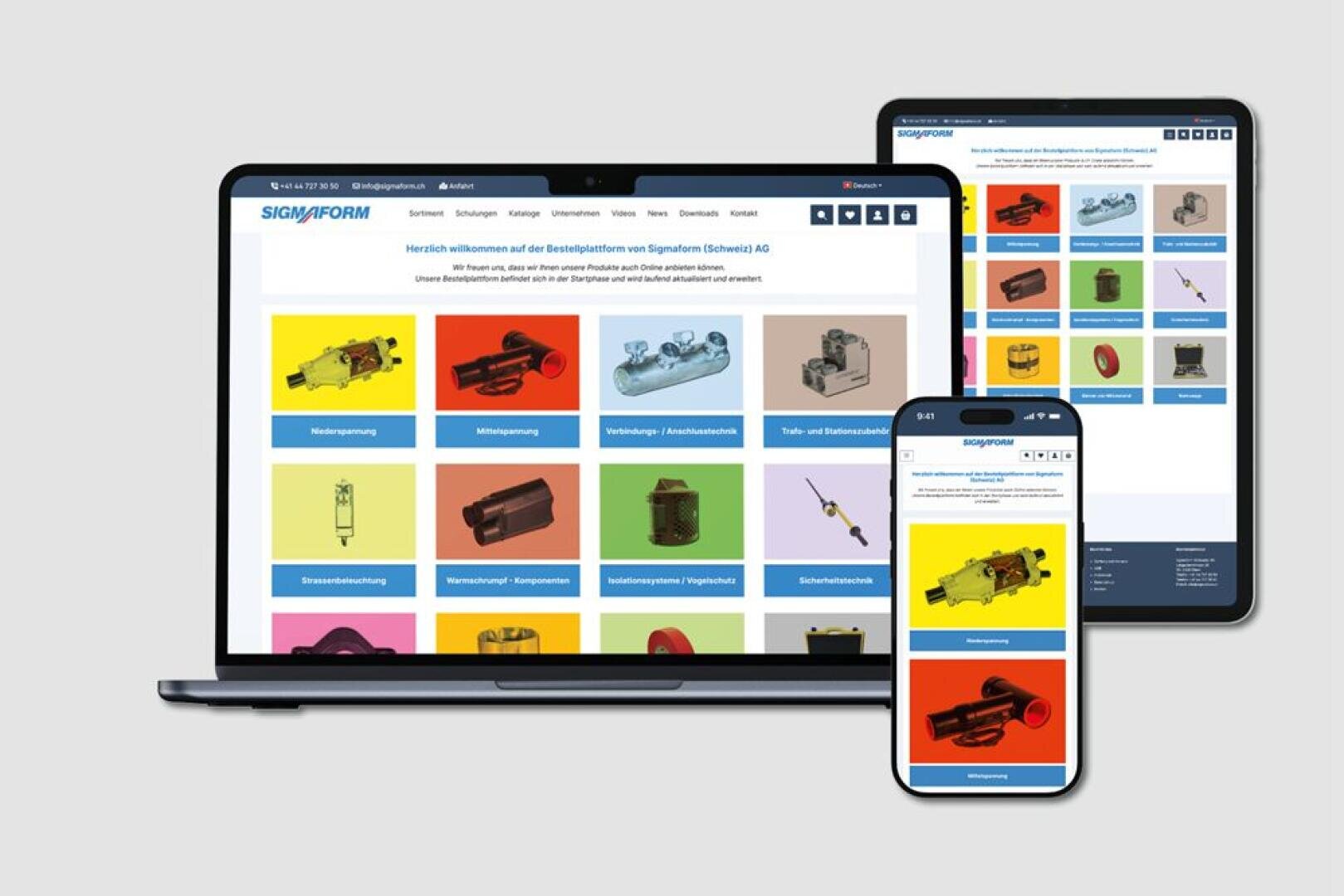 A website with colorful product categories is displayed on a laptop, tablet and smartphone and shows a responsive design layout for different devices.