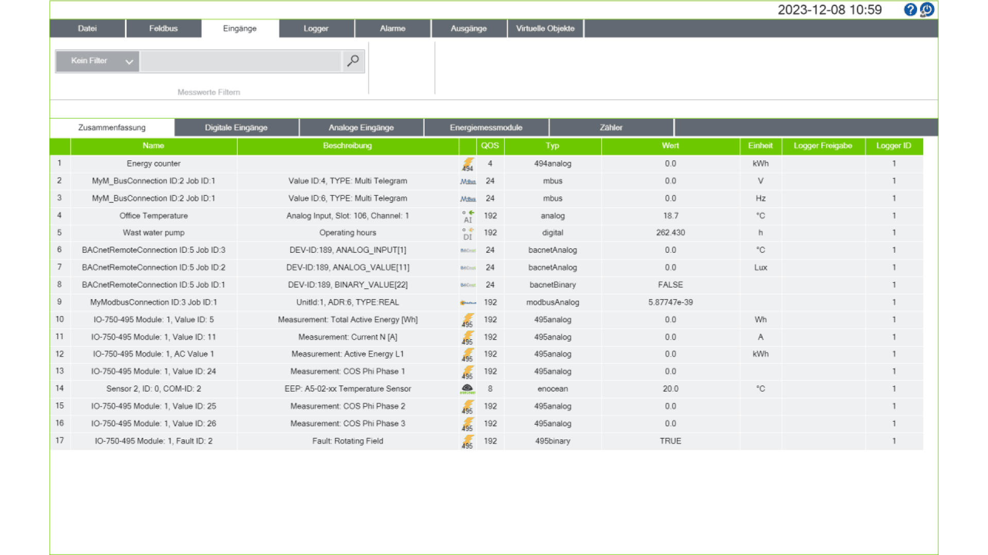 A computer interface displays a table with columns for description, analog inputs, energy source, counter, value, unit, and other data entries related to energy monitoring. The date is 2023-12-08 at 10:59.