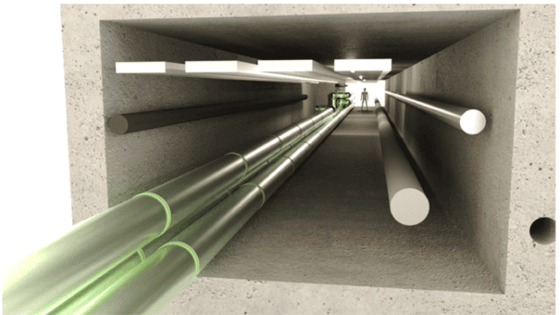 A rectangular underground utility tunnel with large pipes running along the walls and ceiling. A person stands at the far end, highlighting the tunnels size and depth. The pipes have a metallic and greenish appearance.