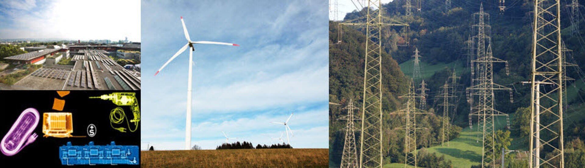 Eine Collage, die einen Rangierbahnhof, Windkraftanlagen auf einem Feld, Strommasten auf einem grünen Hügel sowie farbenfrohe digitale Grafiken von elektrischen Geräten und Schaltkreisen zeigt.