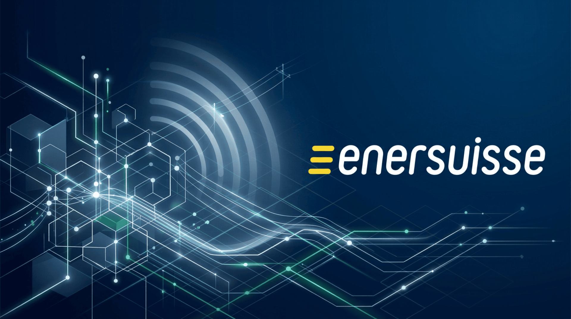 Digital abstract background with glowing geometric lines and shapes on the left side and the enersuisse logo with yellow bars and white text on the right side, all against a dark blue background.