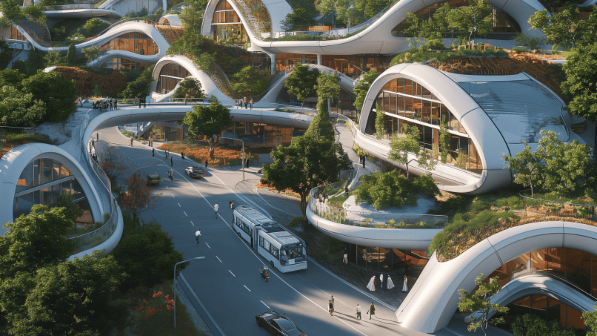 Futuristische Stadt mit geschwungenen, modernen, begrünten Gebäuden, erhöhten Gehwegen, Bäumen, einer Straßenbahn, Fußgängern und Autos an einem sonnigen Tag. Die Szene unterstreicht die umweltfreundliche Stadtgestaltung.
