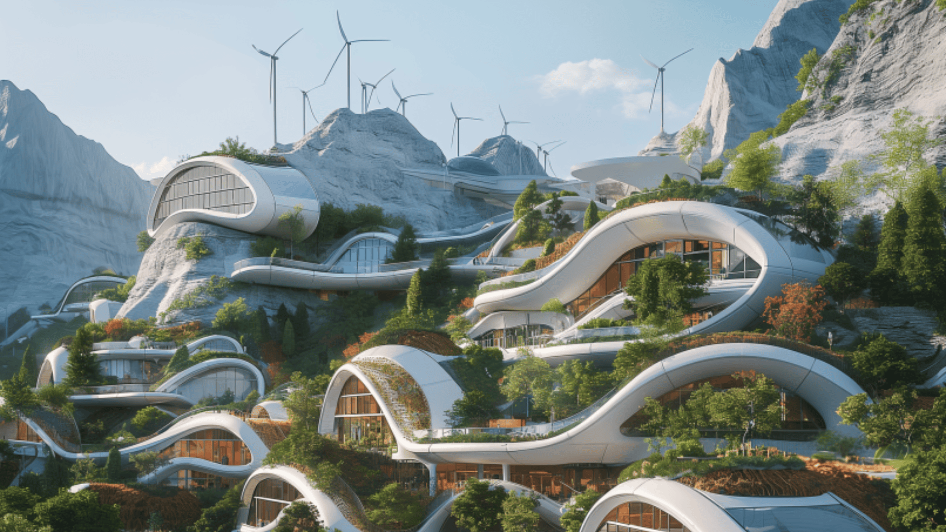 Futuristische, umweltfreundliche Gebäude mit geschwungenen, weißen Strukturen sind in einen üppigen, grünen Berghang gebaut. Windturbinen stehen auf den felsigen Gipfeln unter einem klaren blauen Himmel.