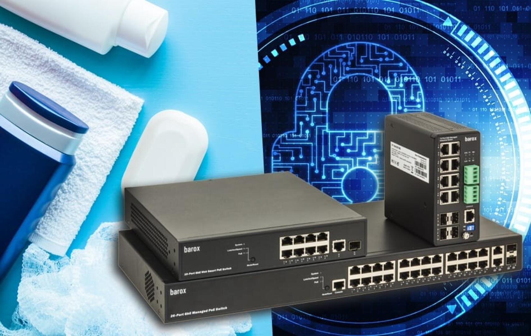 Eine Collage mit Hygieneartikeln wie Flaschen und einem Handtuch auf der linken Seite und Computernetzwerkschaltern mit Cybersicherheitsgrafiken, darunter ein Vorhängeschloss und ein binärer Code, auf der rechten Seite.