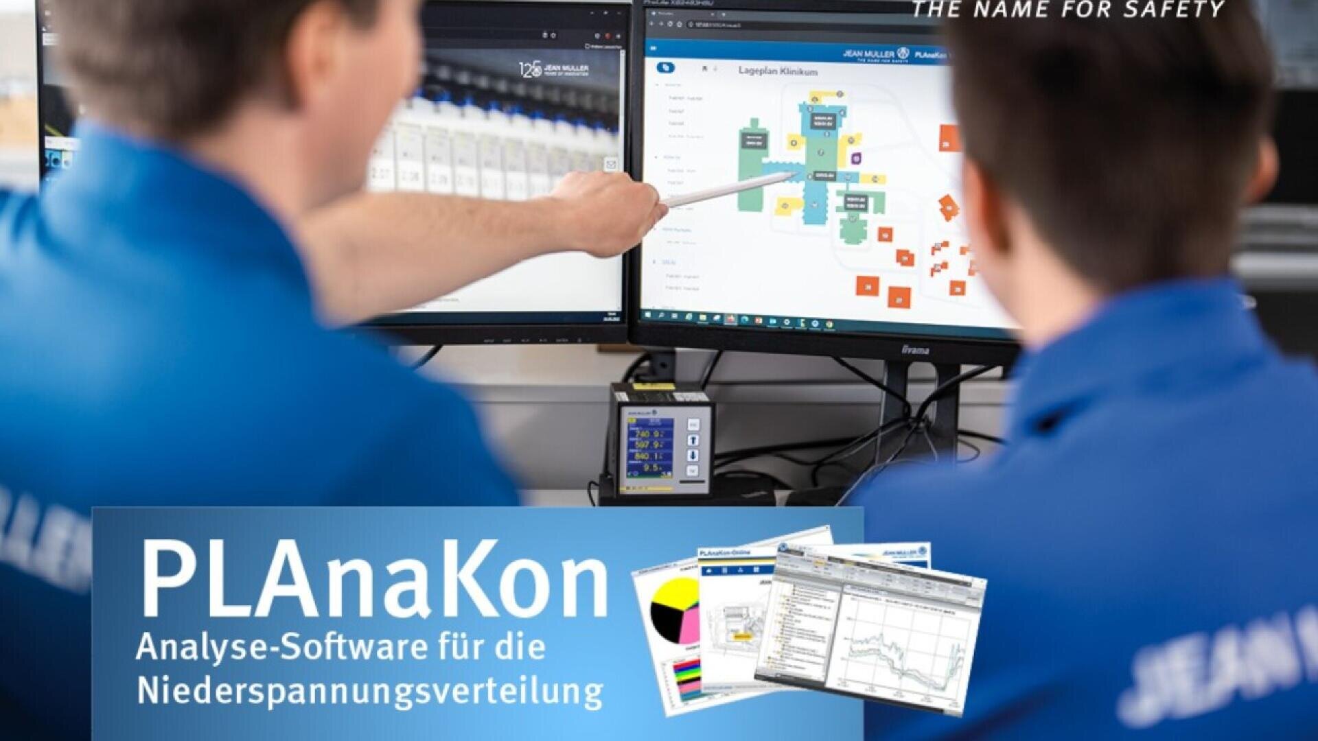 Two people in blue uniforms point at diagrams on computer monitors. The text overlay reads PLAnaKon Analyse-Software für die Niederspannungsverteilung with charts and graphs displayed at the bottom left.