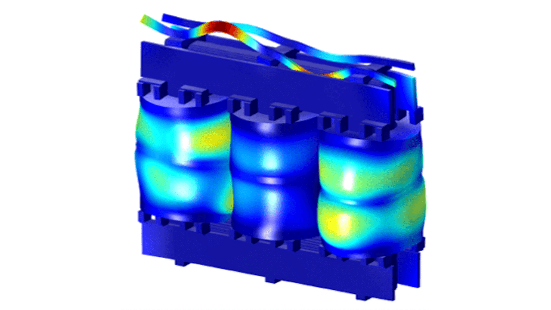 Colorful simulation showing a three-phase transformer core with blue, green, and yellow gradients, illustrating magnetic flux or field distribution, viewed in 3D with curved areas indicating field strength.