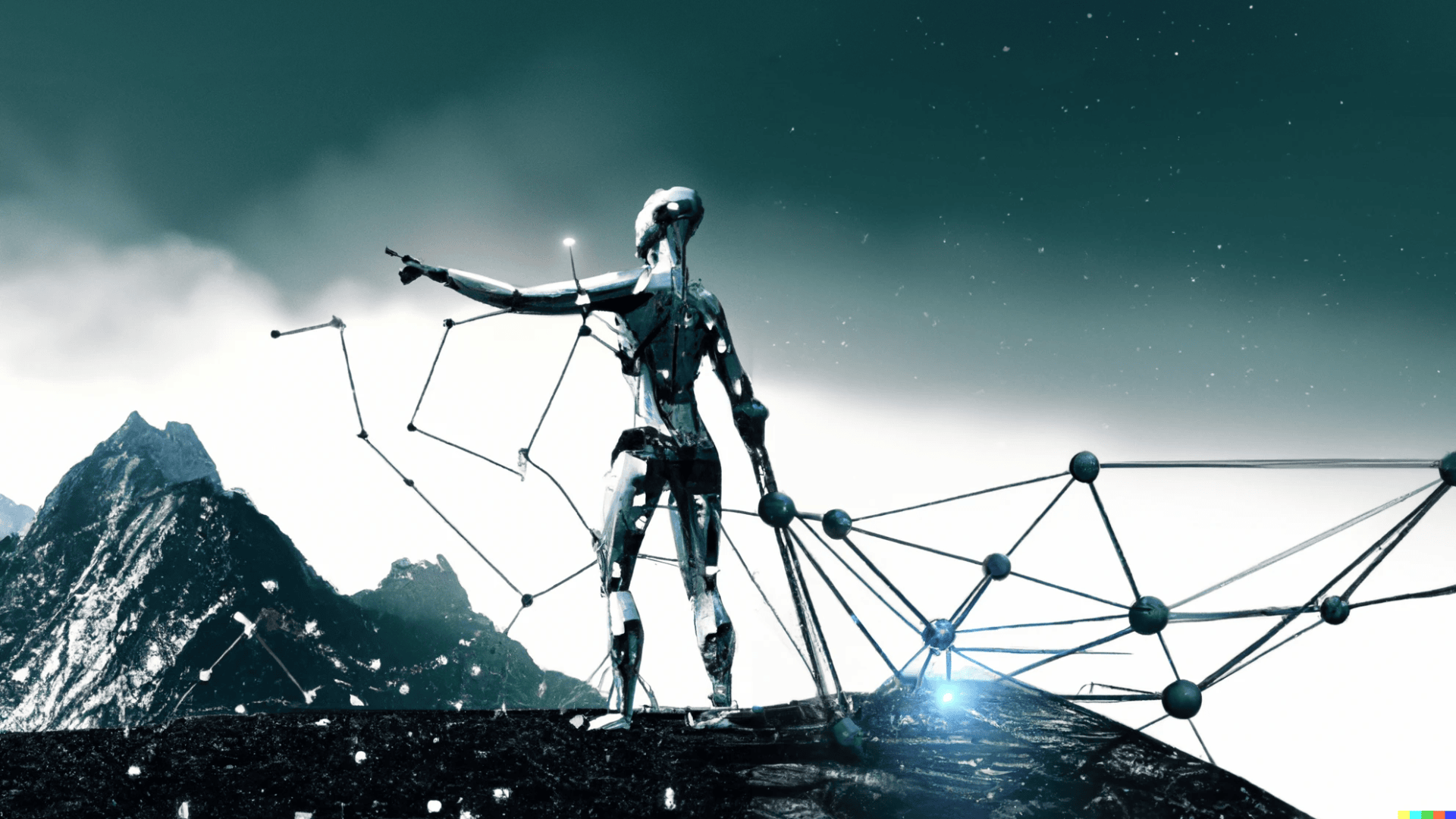 Ein futuristischer humanoider Roboter steht auf einem Felsvorsprung und streckt sich in den Himmel. Geometrische, leuchtende Linien verbinden seinen Körper mit schneebedeckten Bergen und einem bewölkten, blaugrünen Himmel im Hintergrund.