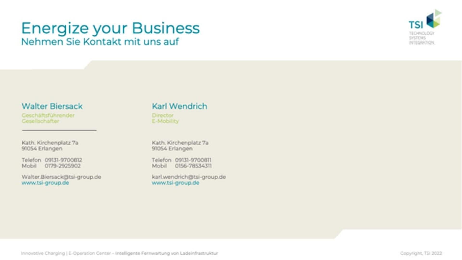 A business contact card for TSI Group showing names, titles, addresses, phone numbers, emails, and website for Walter Biersack and Karl Wendrich, with the slogan “Energize your Business” in German at the top.