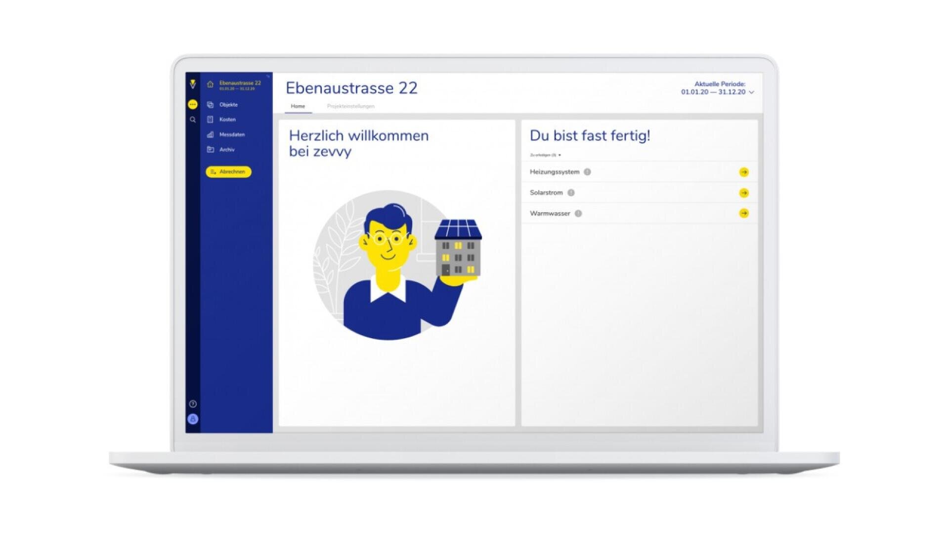 A laptop screen displaying a dashboard with a blue sidebar, a welcome message in German, an illustrated person holding a house, and a checklist titled Du bist fast fertig! on the right.