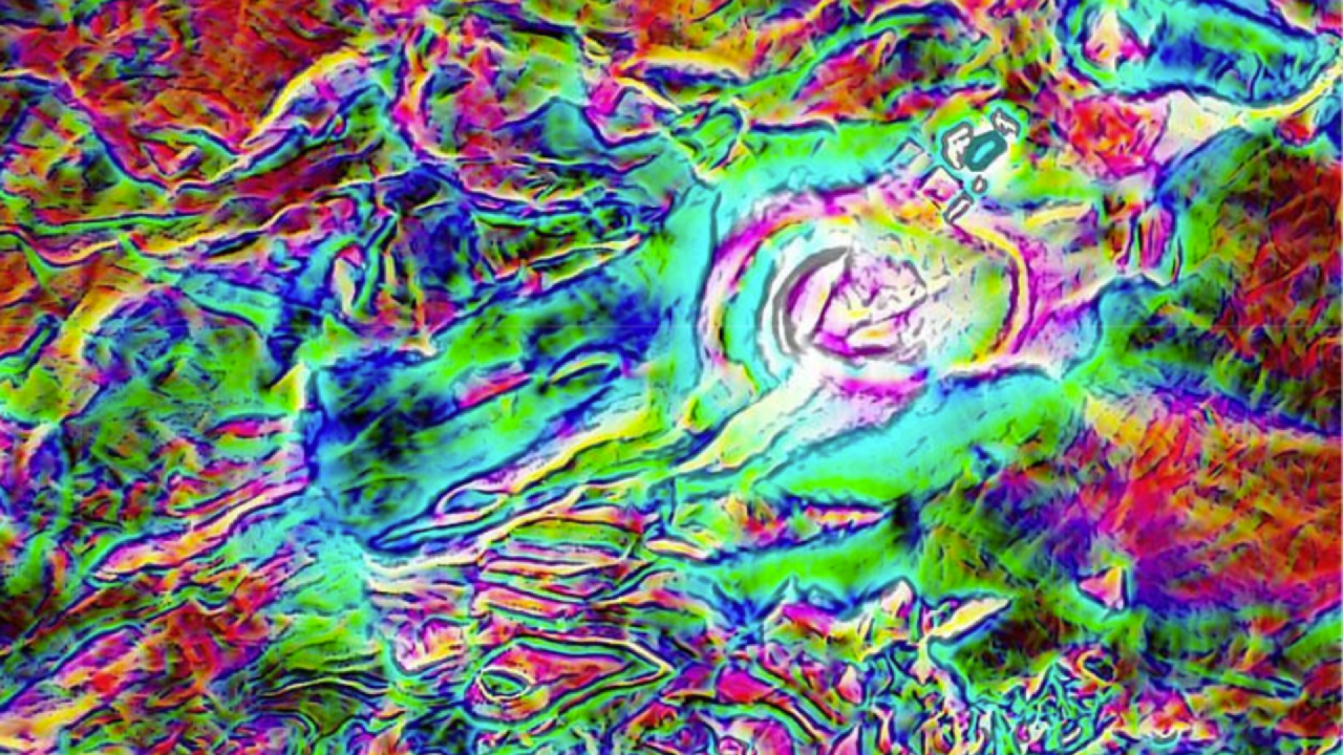 Bunte, abstrakte topografische Karte mit wirbelnden Mustern in leuchtenden Neonfarben wie Blau, Grün, Rot und Lila. Erhöhte und vertiefte Landformen werden mit lebhaften, sich überlagernden Texturen und Konturlinien dargestellt.