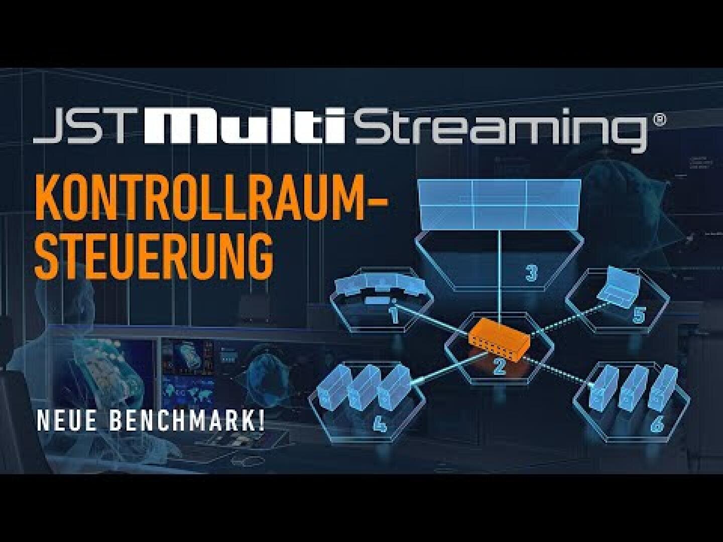 Eine Werbegrafik für JST MultiStreaming mit dem Text KONTROLLRAUM-STEUERUNG und NEUE BENCHMARK! mit einem visuellen Diagramm von miteinander verbundenen Kontrollraumbildschirmen und Bedienern.