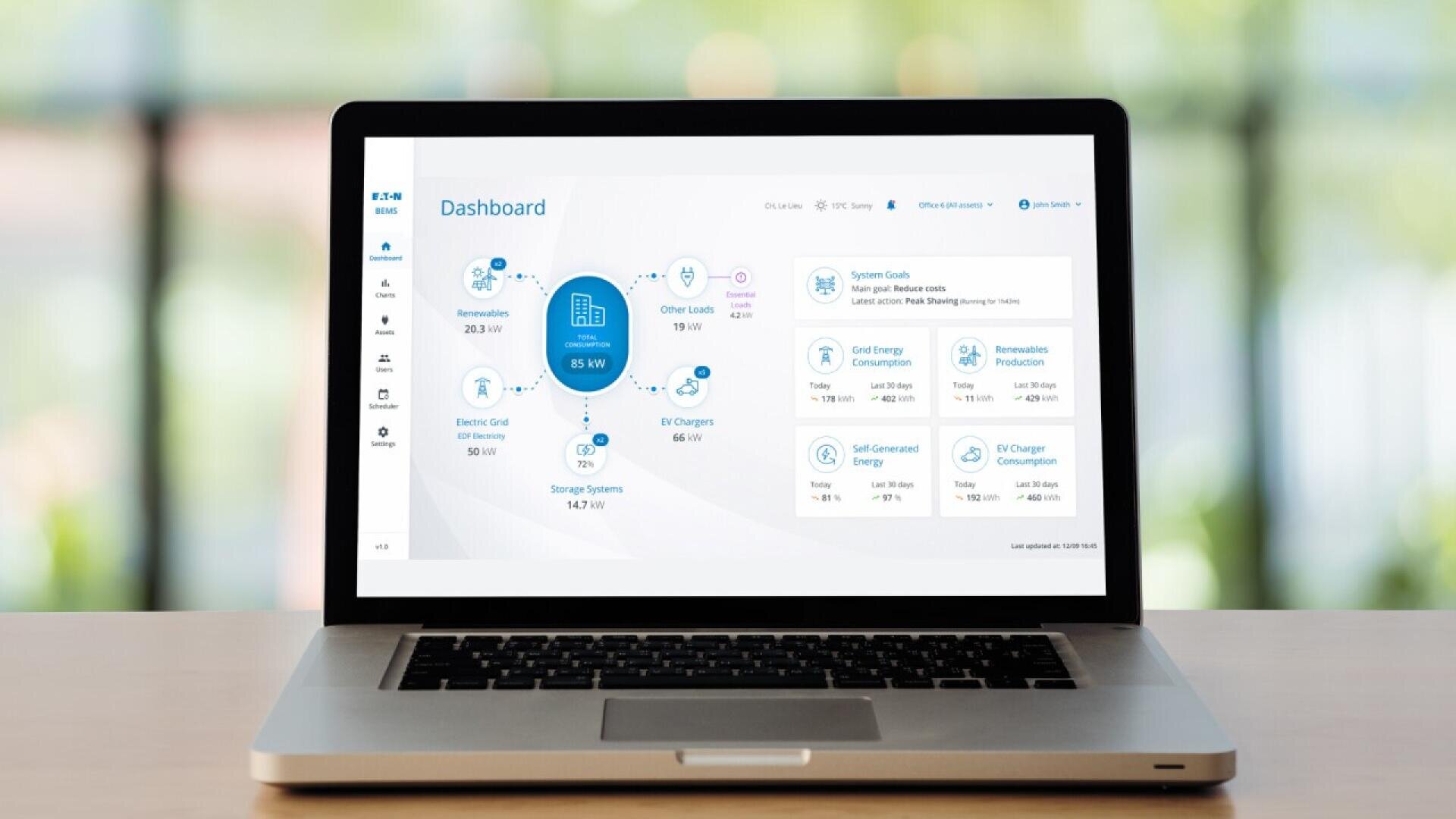 A laptop on a wooden desk displays a dashboard with charts and data visualizations related to energy usage, including categories like EV chargers, storage systems, and renewable sources.