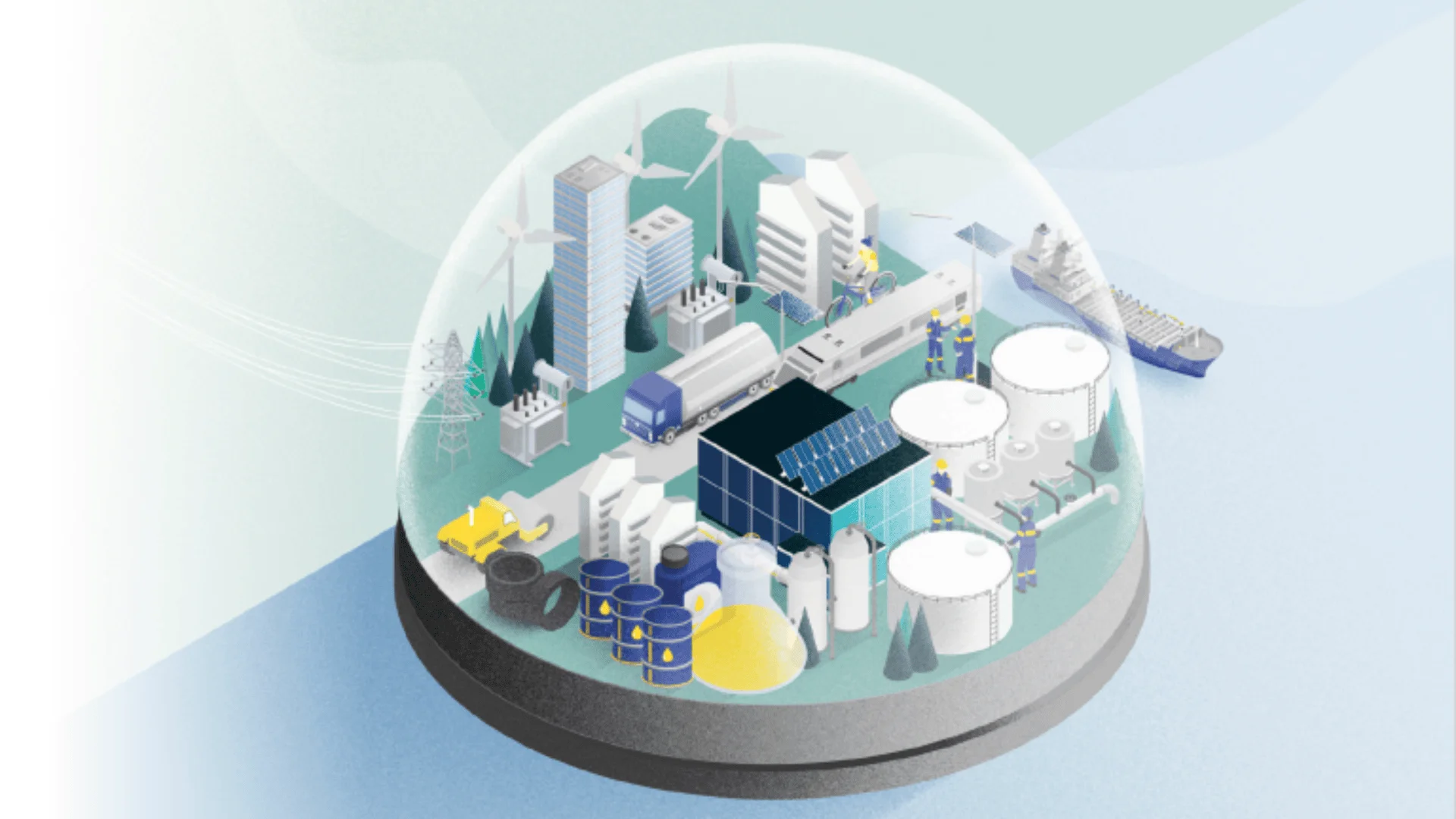 Illustration eines Industriekomplexes unter einer Glaskuppel mit Fabriken, Lagertanks, Sonnenkollektoren, Windturbinen, Fahrzeugen, Bäumen und einem Frachtschiff an einem Dock.