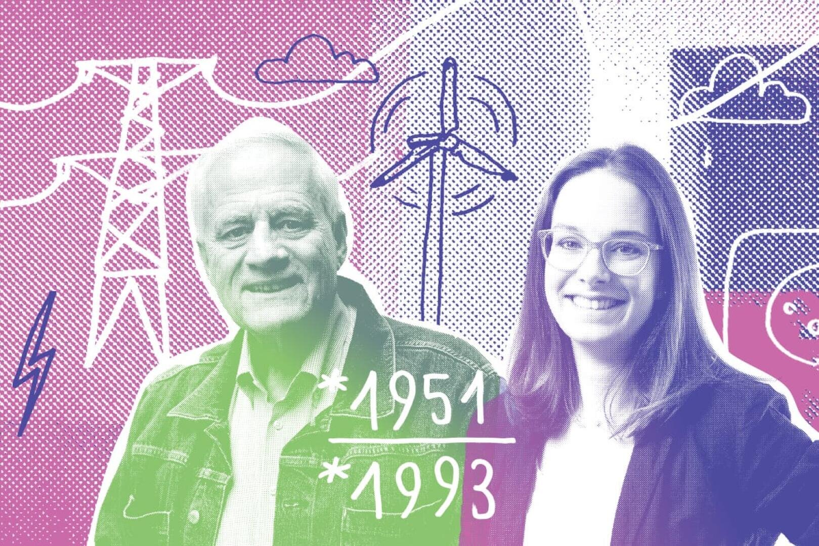 Ein älterer Mann und eine jüngere Frau stehen vor illustrierten Energiesymbolen, darunter Stromleitungen, ein Windrad und Wolken. Der Text auf dem Bild zeigt die Jahreszahlen 1951 und 1993. Das Bild ist in Grün-, Rosa- und Blautönen eingefärbt.
