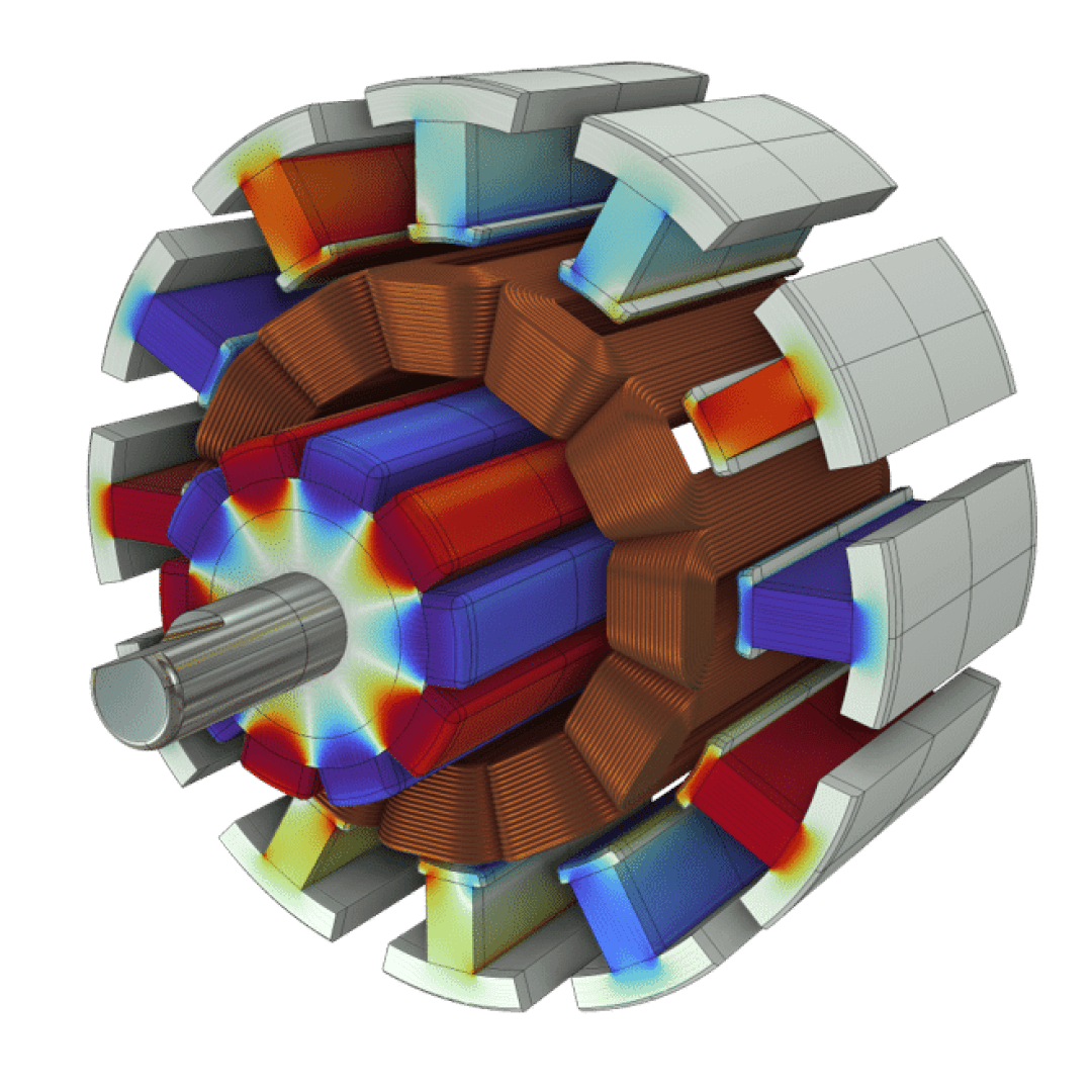 3D-Modell eines Elektromotor-Rotors mit farbiger Spannungsverteilung, die Spulen, den Kern und die segmentierten Außenbleche zeigt, um die Strukturanalyse und die Auswirkungen des Magnetfelds zu veranschaulichen.