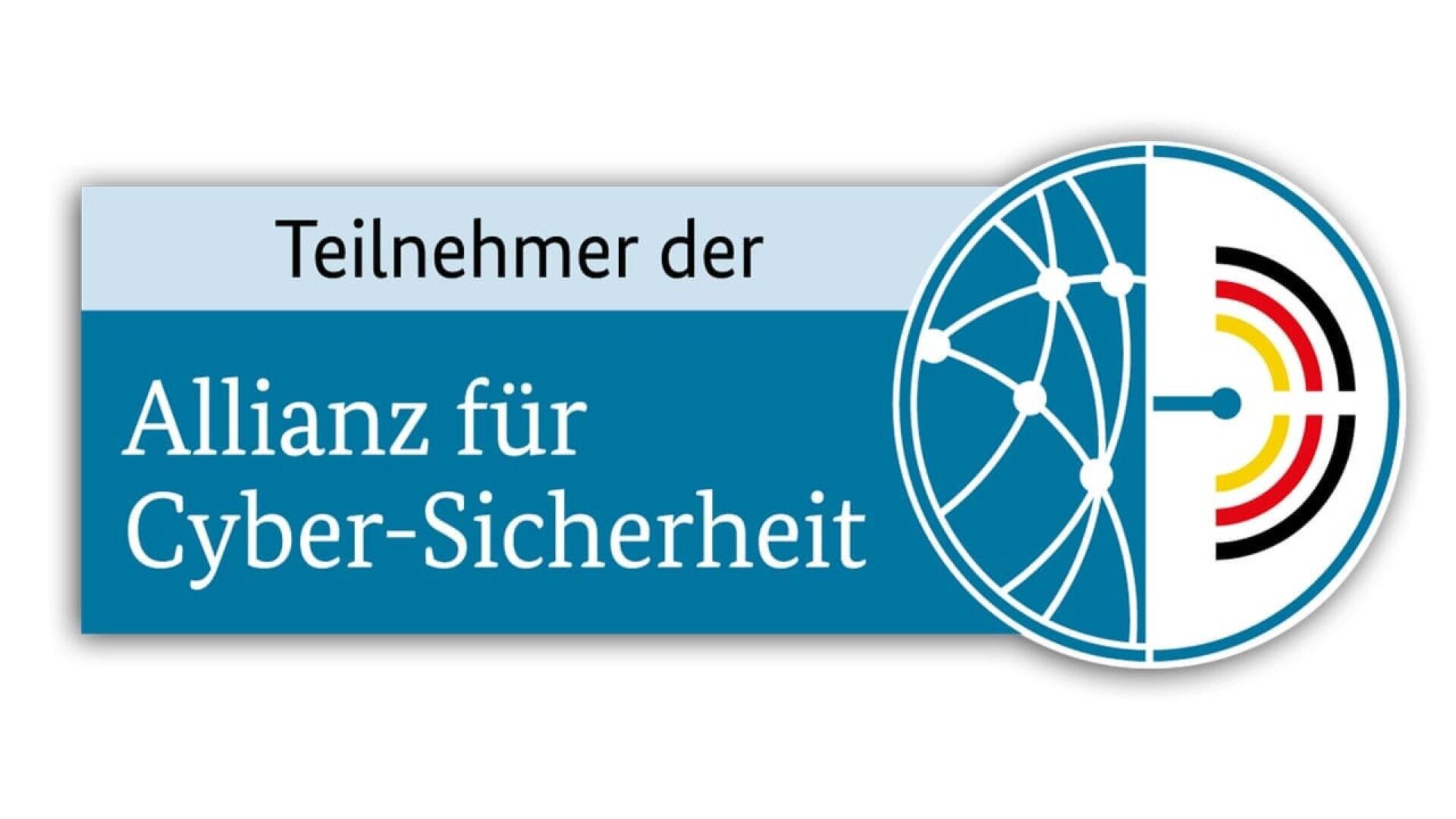 A logo with the text Teilnehmer der Allianz für Cyber-Sicherheit next to a circular graphic showing network nodes on the left and a radar design with German flag colors on the right.