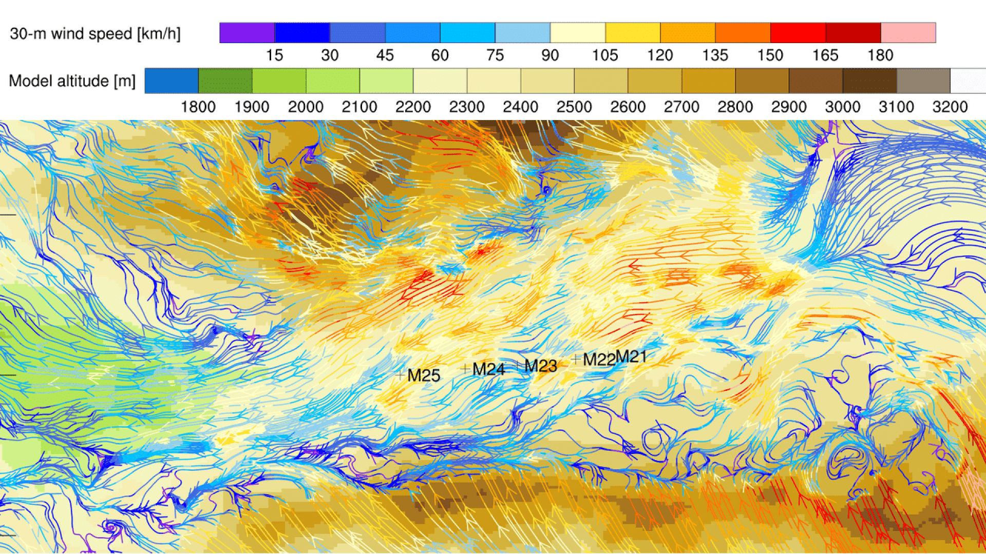 A color-coded map showing wind speed at 30 meters above ground and model altitude in meters over a mountainous region, with wind patterns marked by arrows and labeled points M21 to M25.