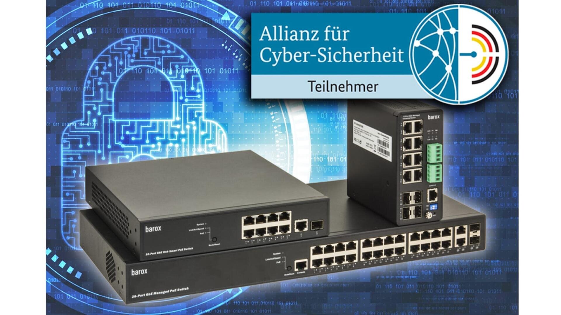 A stack of barox network switches is displayed in the foreground. In the background is a digital lock icon and circuitry, with a banner reading Allianz für Cyber-Sicherheit Teilnehmer and a logo in the top right.