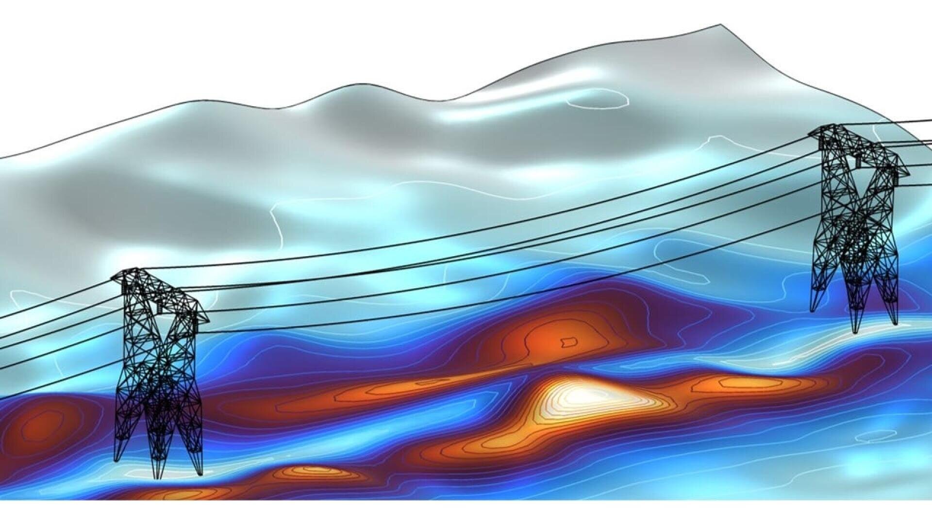 Digital illustration of two power line towers with cables, overlaid onto a wavy landscape with colorful heatmap contours in blue, red, and orange tones beneath the surface, representing underground data or energy flow.