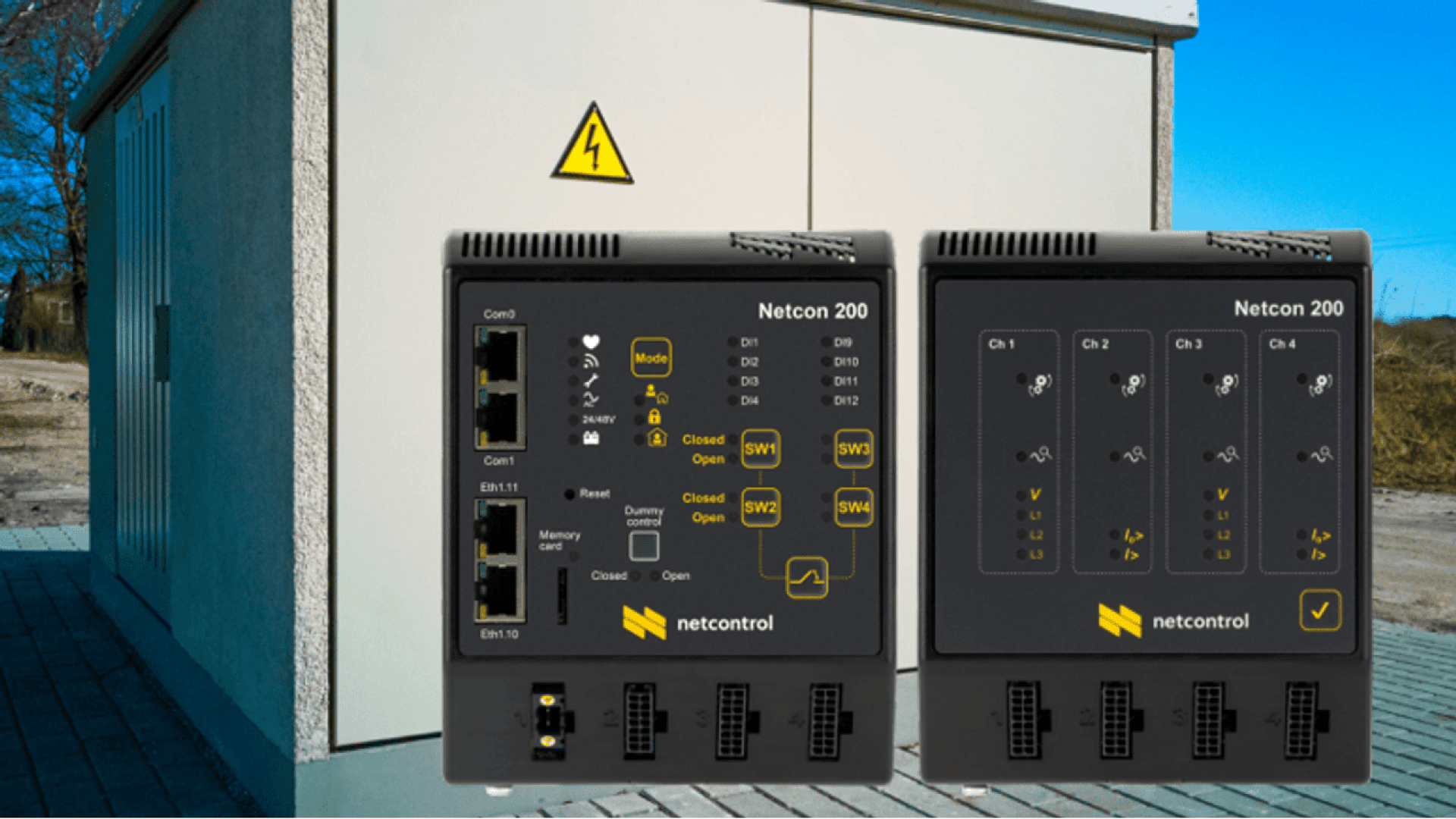 Two Netcon 200 control units by Netcontrol are shown in front of a small utility building with a high voltage warning sign. The devices display multiple buttons, indicators, and network ports.