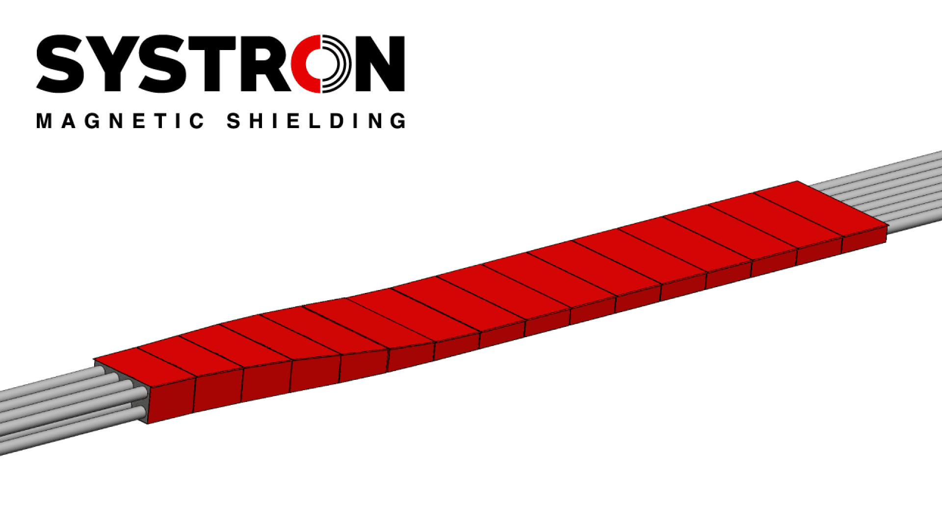 Eine 3D-Illustration eines Kabels mit einer Reihe von roten rechteckigen Segmenten, die um das Kabel gewickelt sind. Der Text SYSTRON MAGNETIC SHIELDING erscheint in der oberen linken Ecke.