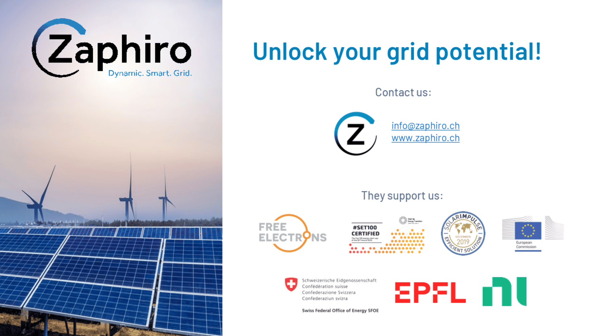A promotional graphic for Zaphiro, showing solar panels and wind turbines on the left. On the right, contact info, website, and supporter logos including Free Electrons, Innosuisse, EPFL, and the Swiss Federal Office of Energy.