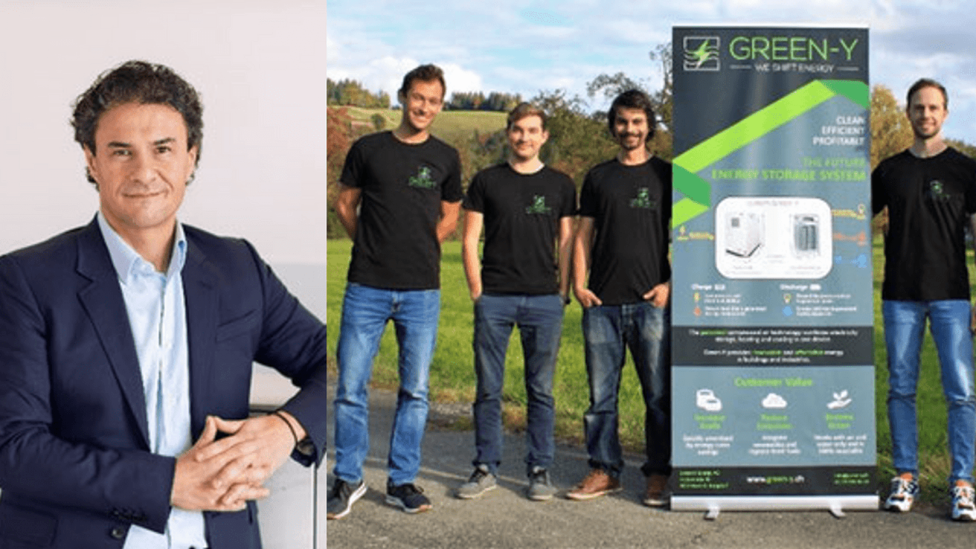 A man in a suit sits with folded hands on the left, while four men in matching black Green-Y shirts stand outdoors beside a promotional banner for Green-Y, an energy storage system, on the right.
