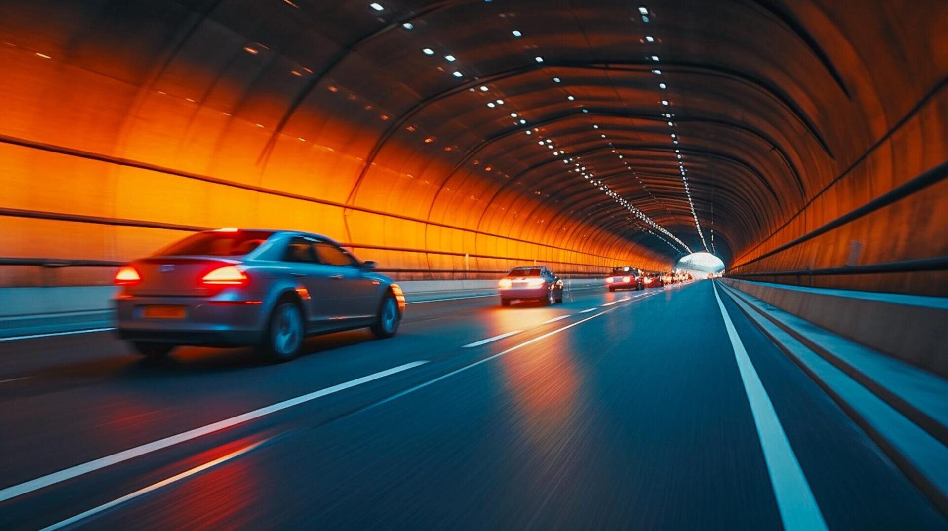 Autos fahren durch einen hell erleuchteten Tunnel mit orangefarbenen und blauen Lichtern, die sich auf der Straße spiegeln. Das Bild hat einen Sinn für Bewegung, mit mehreren Fahrzeugen, die auf den hellen Ausgang des Tunnels zusteuern.