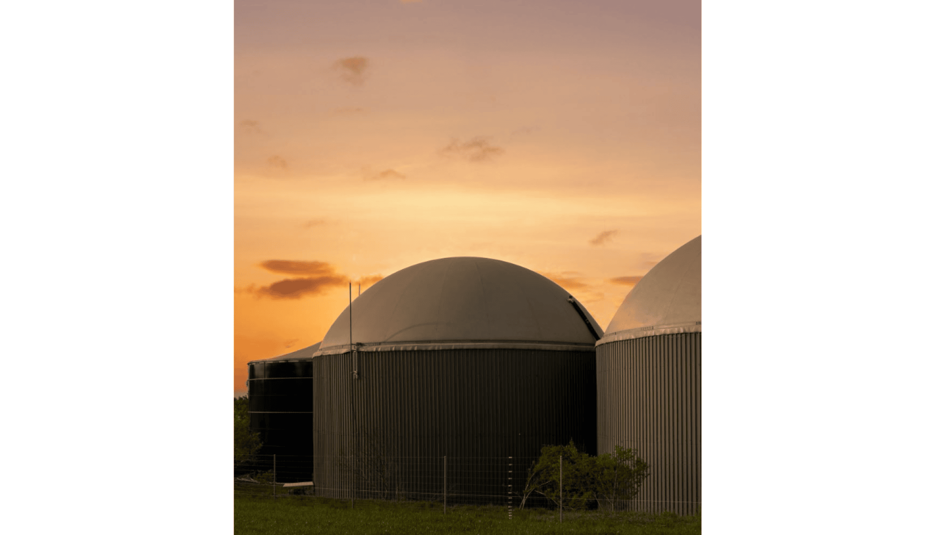 Zwei große, kuppelförmige Industriesilos stehen bei Sonnenuntergang auf einer Wiese, mit einem goldenen Himmel und vereinzelten Wolken im Hintergrund. Die Gebäude sind von einem Zaun und ein paar kleinen Bäumen umgeben.