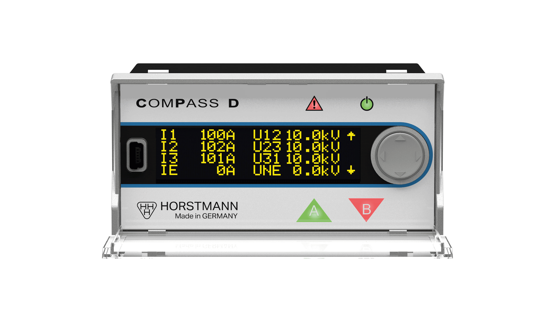 Frontansicht eines Horstmann COMPASS D Elektrogeräts mit einem digitalen Bildschirm, auf dem Strom- und Spannungswerte in gelber Schrift angezeigt werden, sowie grünen und roten Tasten mit der Bezeichnung A und B.