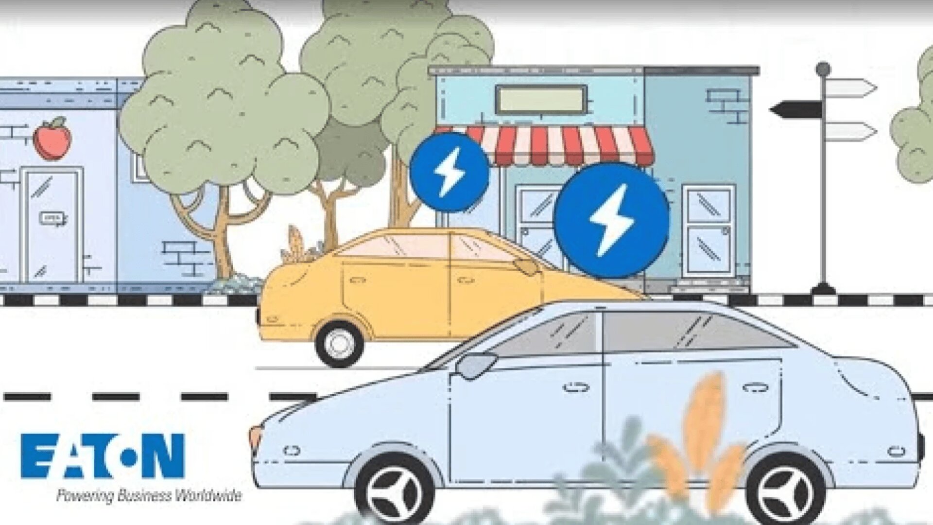 Illustration von zwei Autos, die auf einer Straße mit Gebäuden und Bäumen im Hintergrund geparkt sind. Zwei blaue Stromsymbole befinden sich über den Autos. Das Eaton-Logo erscheint in der unteren linken Ecke.
