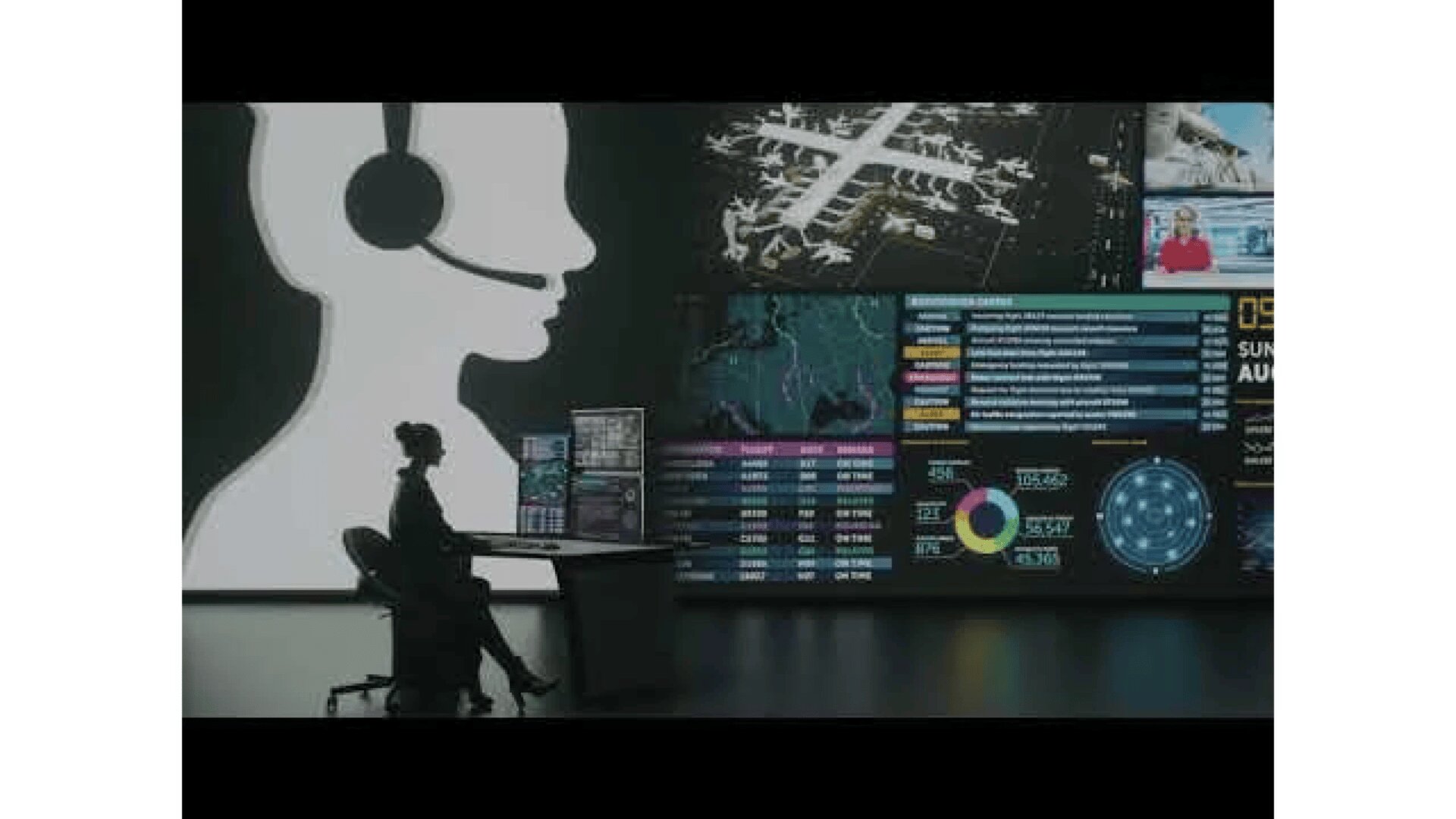 Eine Person, die ein Headset trägt, sitzt an einem Schreibtisch mit mehreren Monitoren. Im Hintergrund sind große Bildschirme zu sehen, die einen Flughafenplan, Nachrichtenmaterial, Datentabellen und die Silhouette einer Person mit einem Headset zeigen.