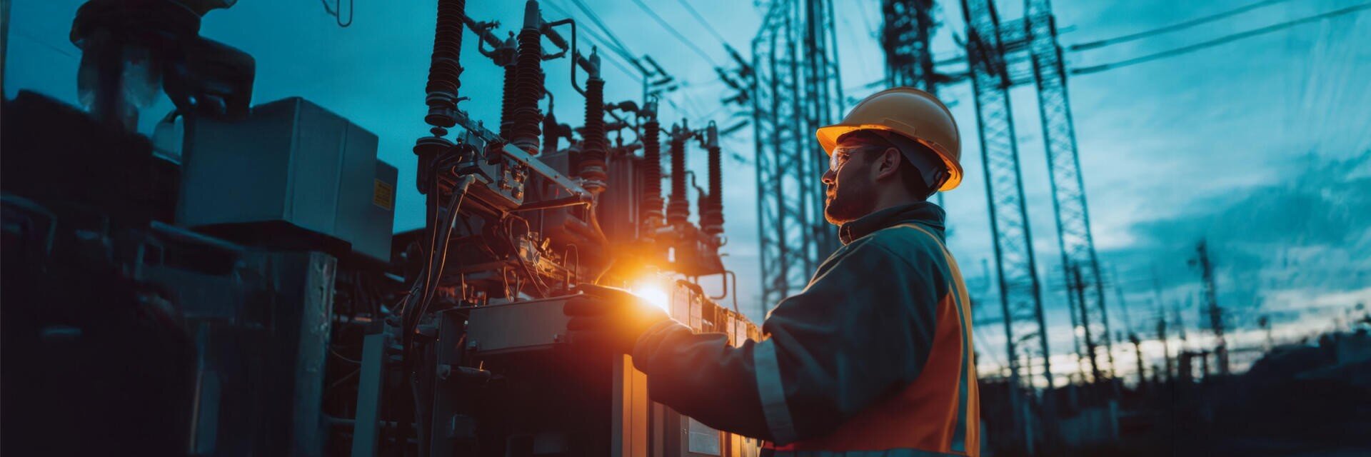 An engineer wearing a hard hat and safety gear inspects electrical equipment at a power substation during sunset, with power lines and utility structures visible in the background.