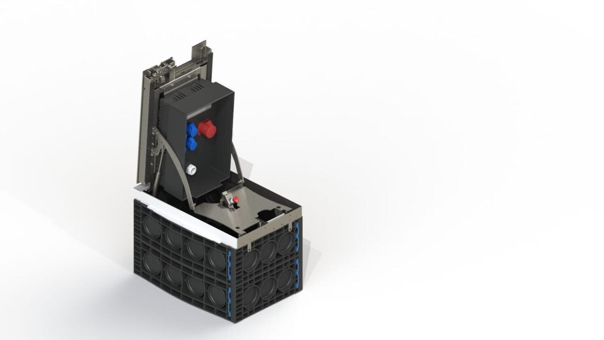 A 3D-rendered image of a small satellite with a black rectangular body, featuring circular patterns on its side and a vertical component with blue and red connectors, set against a white background.