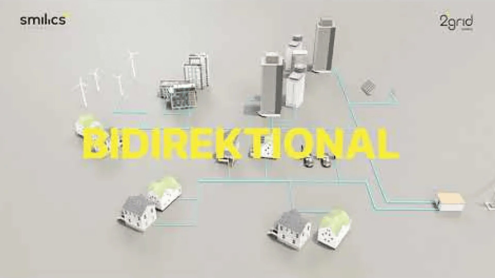 Eine digitale Illustration zeigt ein kleinstädtisches Energienetz mit Häusern, Gebäuden, Windturbinen und Elektroautos, die durch blaue Linien verbunden sind. Das Wort BIDIREKTIONAL erscheint in großen gelben Buchstaben quer über das Bild.