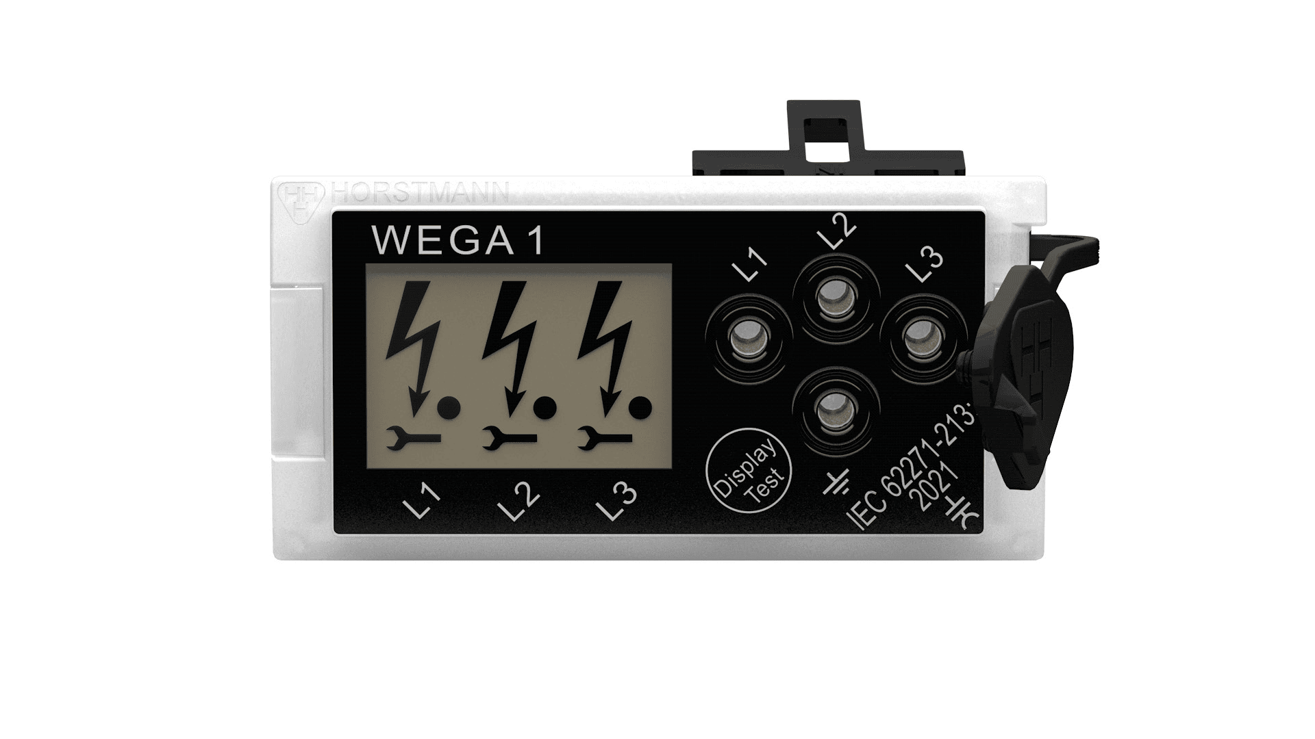 Ein digitales elektrisches Prüfgerät mit der Bezeichnung WEGA1 mit einem Display mit drei Blitzsymbolen und den Anzeigen L1, L2, L3. Auf der rechten Seite befinden sich vier schwarze runde Anschlüsse und eine Prüftaste.