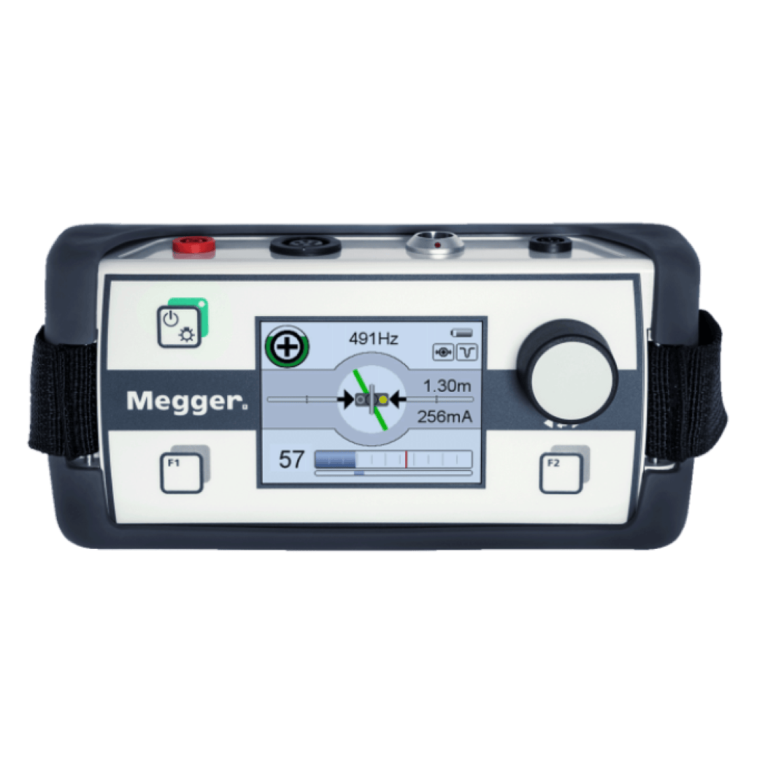 Ein elektrisches Prüfgerät von Megger mit digitaler Messwertanzeige, Bedientasten und einem großen Drehknopf auf der Vorderseite.