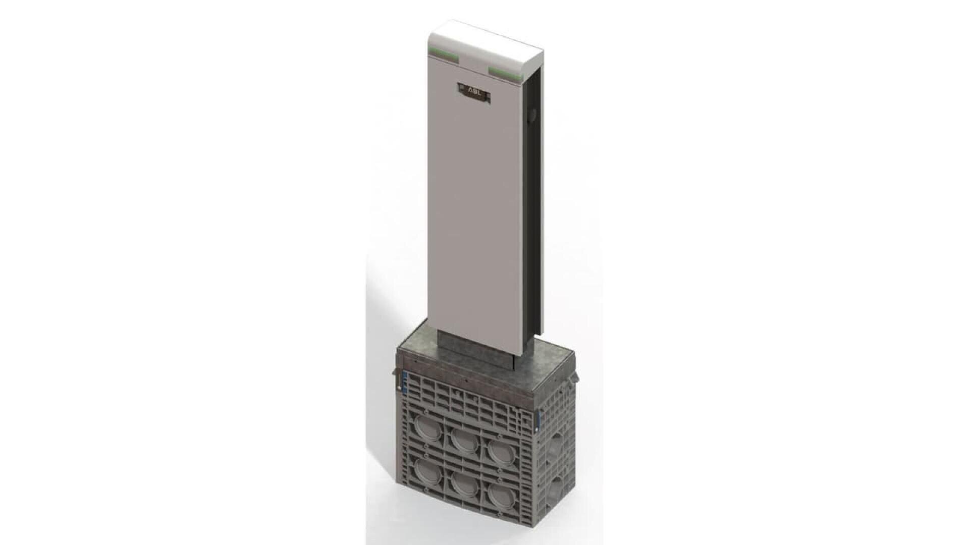 A vertical rectangular electronic device mounted on a gray vented base, possibly an air filtration or HVAC unit, photographed against a plain white background.
