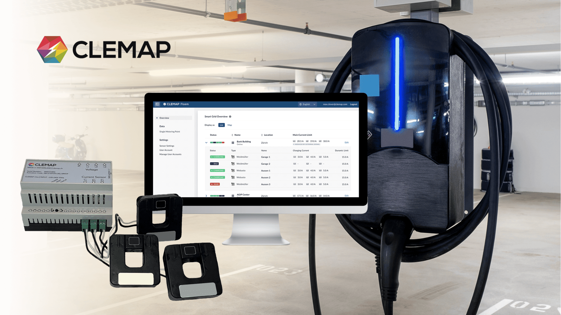A CLEMAP-branded digital illustration showing a wall-mounted EV charger, an electronic device, RFID key fobs, and a desktop screen displaying a charging management interface in a parking garage.