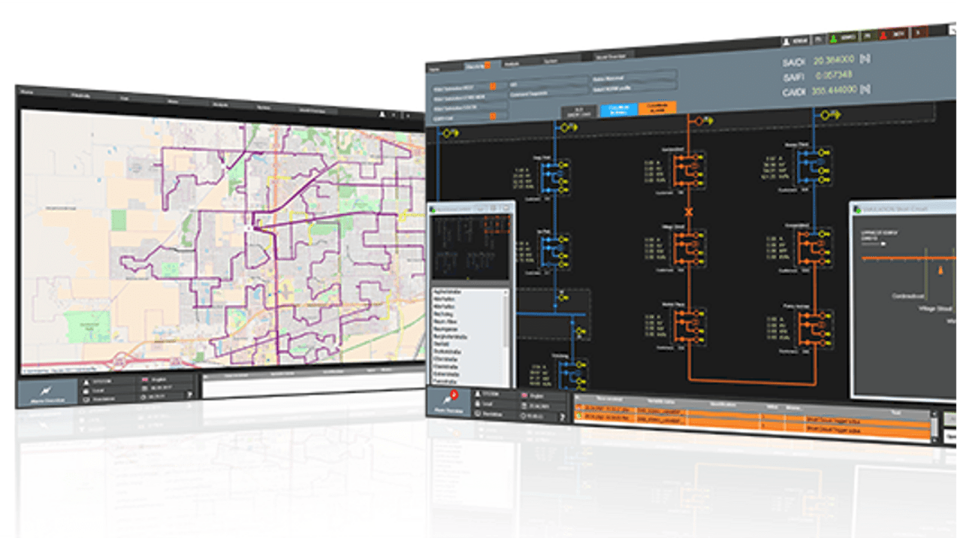 Three computer screens display utility management software; one shows a detailed map with grid lines, while the others show technical diagrams, data tables, and control panels for system monitoring and operations.