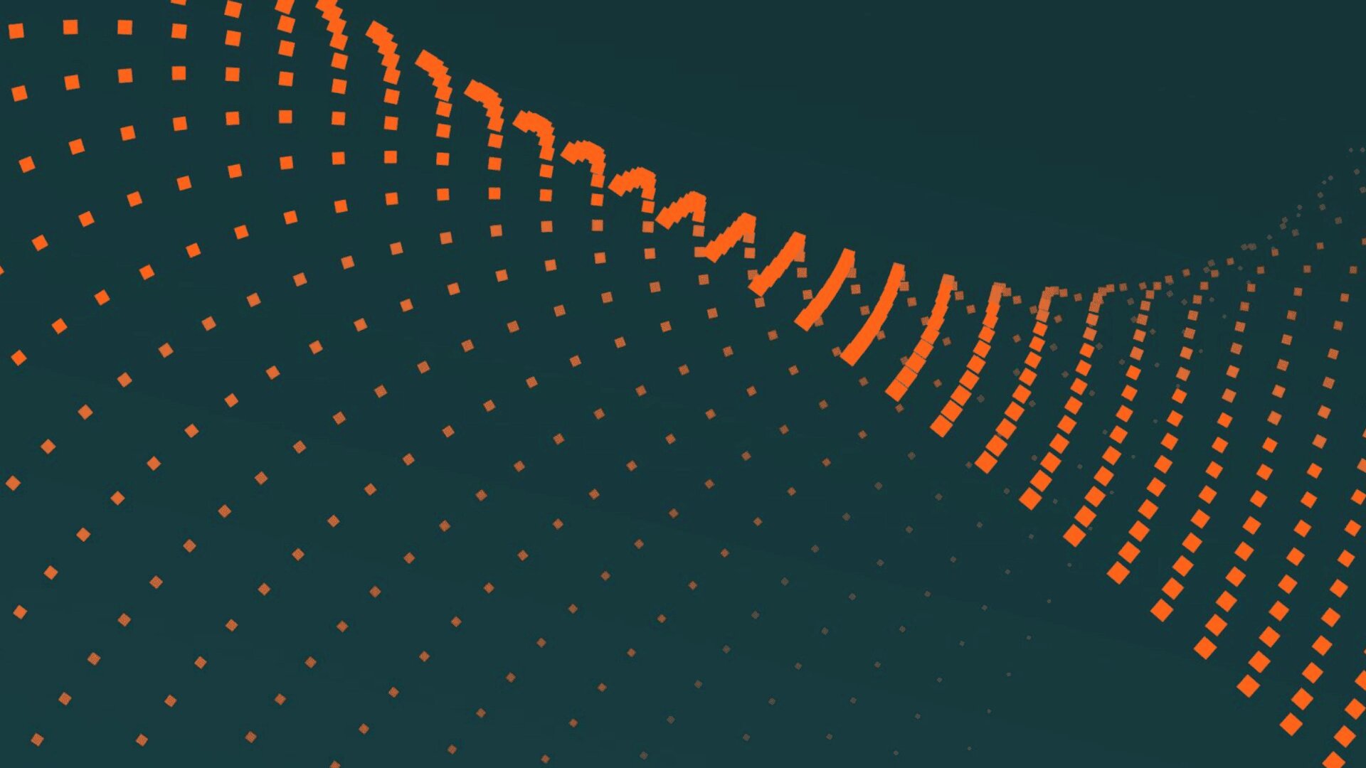A dark green background with curved rows of small orange squares, creating a wave-like, abstract pattern moving diagonally across the image.