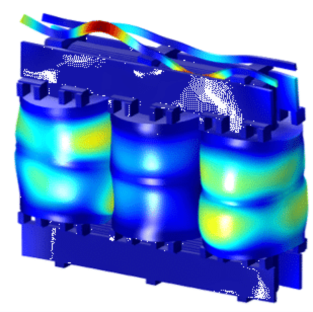 Eine computergenerierte Simulation, die die Spannungsverteilung an einem blauen, dreizylindrigen mechanischen Bauteil zeigt, wobei die Farbverläufe unterschiedliche Spannungsniveaus anzeigen. Ein gewelltes, mehrfarbiges Band überlagert den oberen Teil.