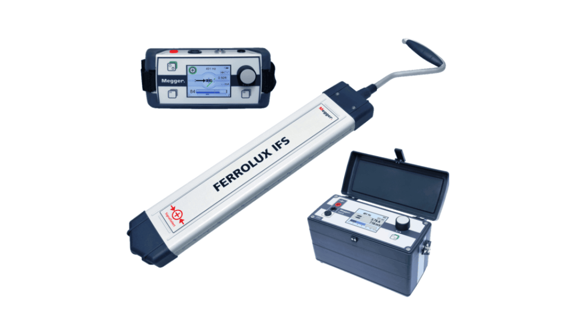 Three electronic devices for magnetic particle testing, including a FERROLUX IFS probe (center), a handheld control unit (top left), and a portable black case device with controls and screen (bottom right), all on a white background.