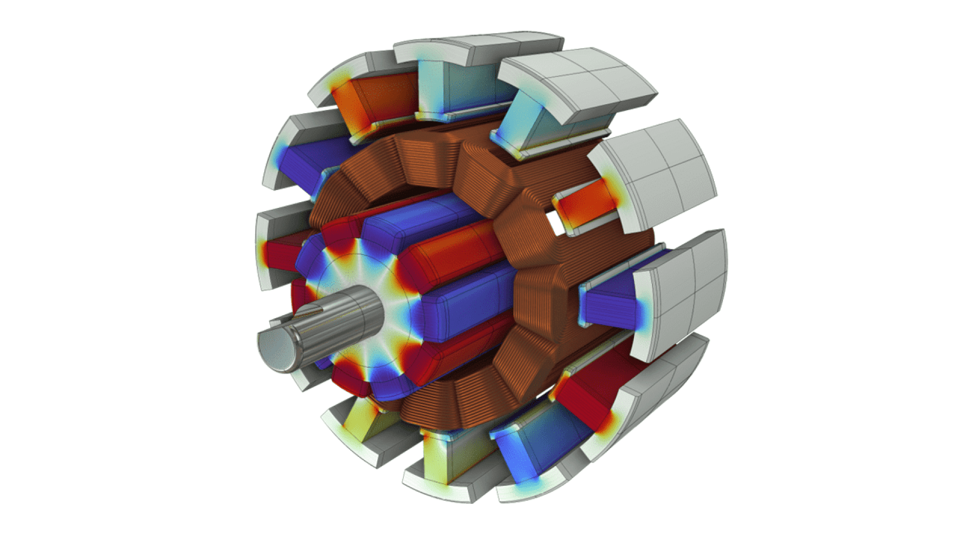 3D rendering of an electric motor with magnetic field simulation overlay, showing coils, rotor, and stator components in various colors, with electromagnetic field patterns visualized around the core.