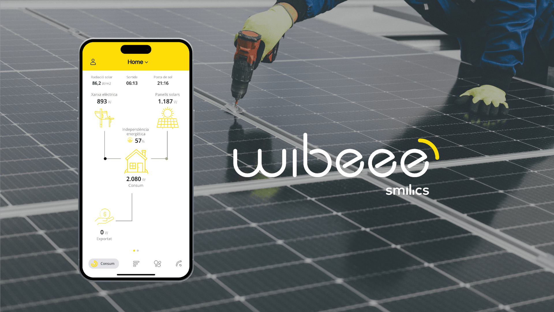 A smartphone displaying a solar energy monitoring app is shown in the foreground, with a person installing solar panels in the background. The logo wibeee smilics appears over the image.