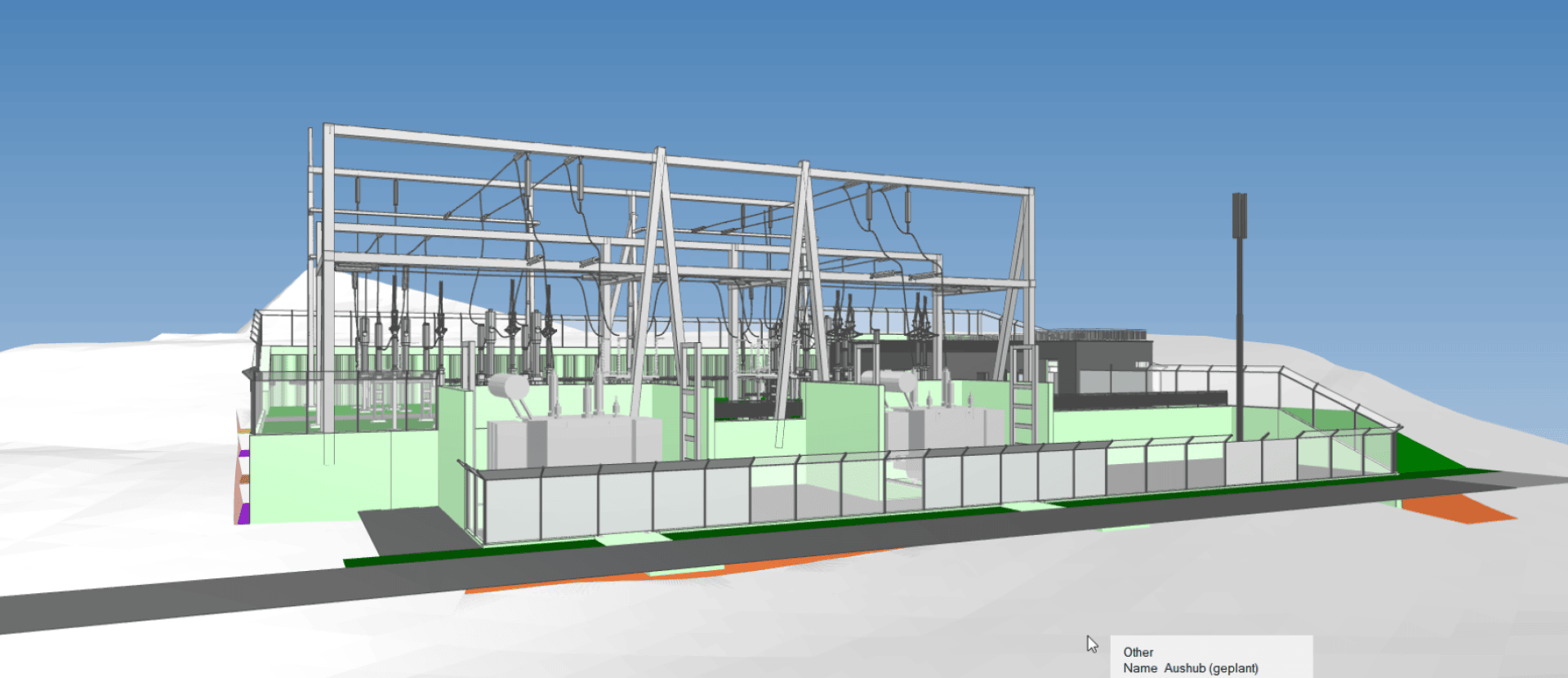 Ein digitales 3D-Modell eines elektrischen Umspannwerks mit Stahlrahmen, Stromversorgungsanlagen und eingezäunten Bereichen auf einem Betonsockel vor einem Hintergrund aus blauem Himmel und weißem Gelände.