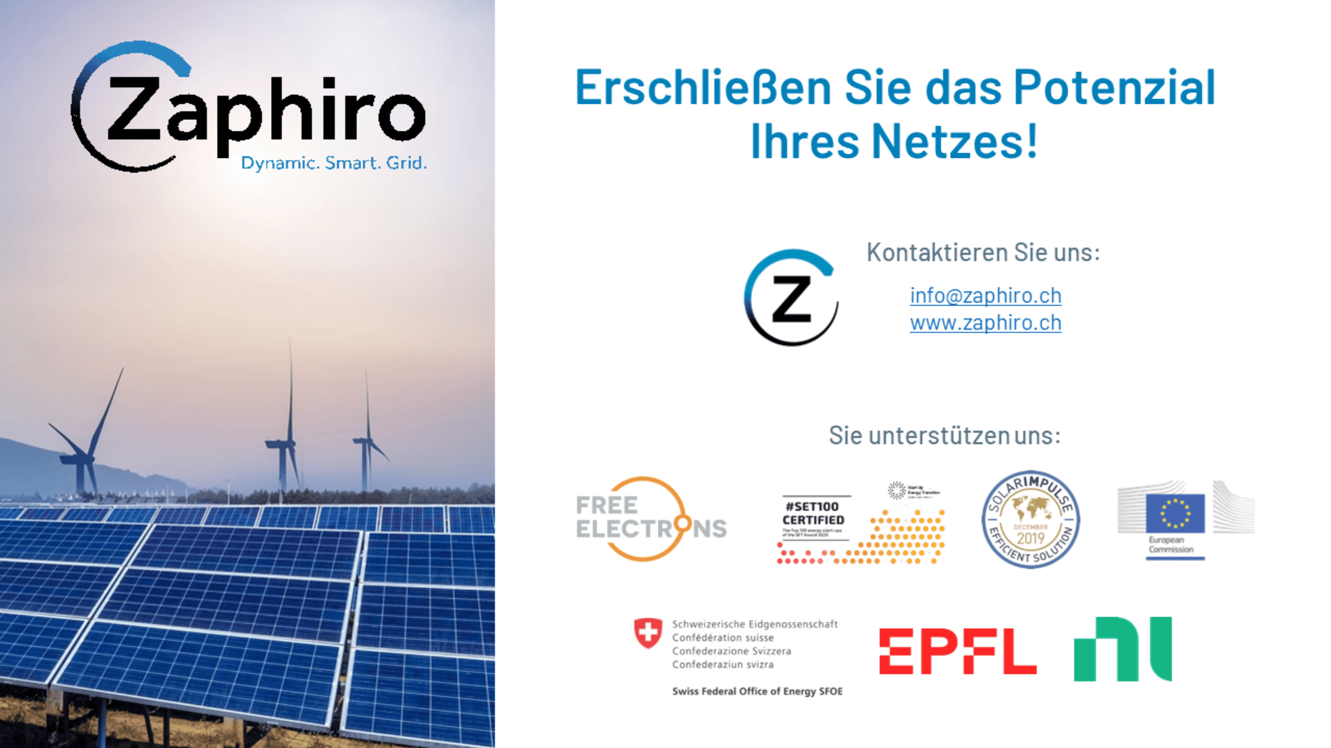 Zaphiro-Logo mit Slogan Dynamic. Smart. Grid. auf einem Hintergrund mit Sonnenkollektoren und Windturbinen. Text: Erschließen Sie das Potenzial Ihres Netzes! Kontaktinformationen und Logos von unterstützenden Organisationen werden angezeigt.