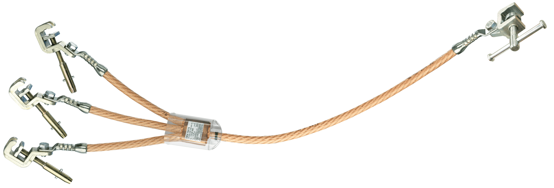 Ein geflochtenes Kupfererdungskabel mit vier Klemmverbindern an einem Ende und einem einzelnen Klemmverbinder am anderen Ende, das für die elektrische Erdung und Sicherheit verwendet wird.